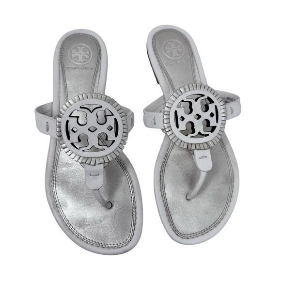 TORY BURCH Metallic Gold Cream Fringe Miller Logo Sandals Flip Flops Size 6.5 - Picture 3 of 12